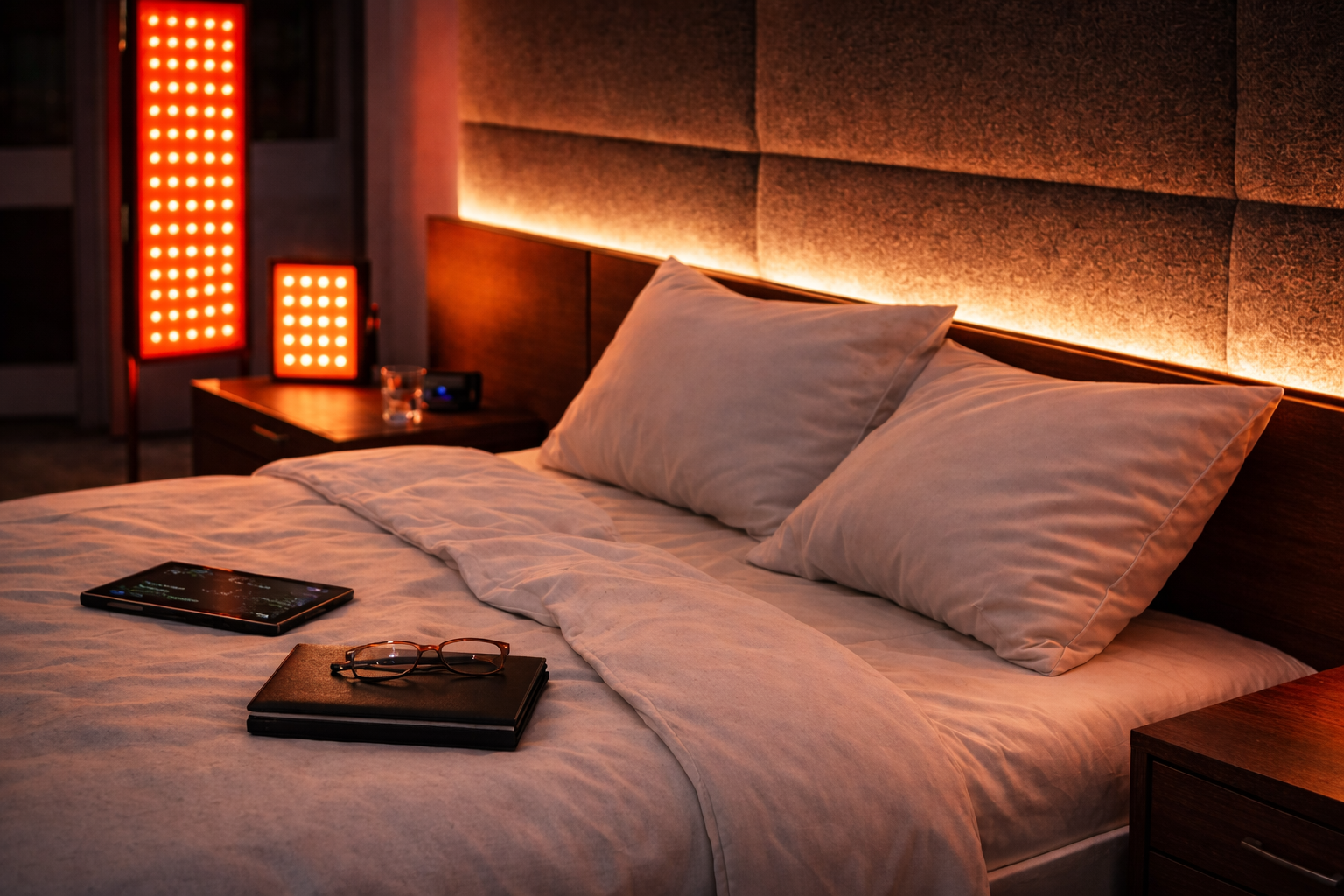Bedroom with a bed featuring pillows and a red light therapy panel with a tablet and glasses.