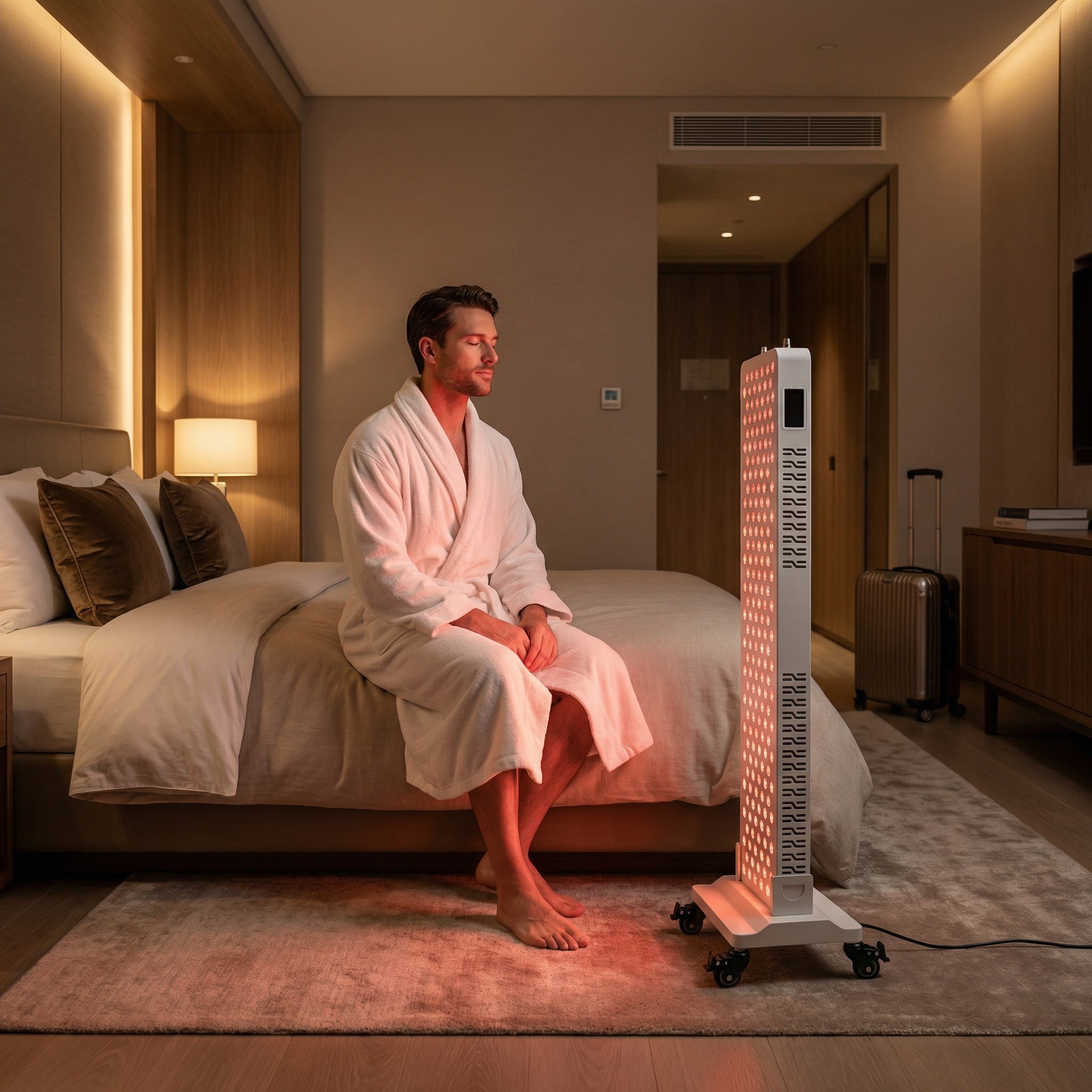 Man in a bathrobe sitting on a bed next to a red light therapy panel in a bedroom.