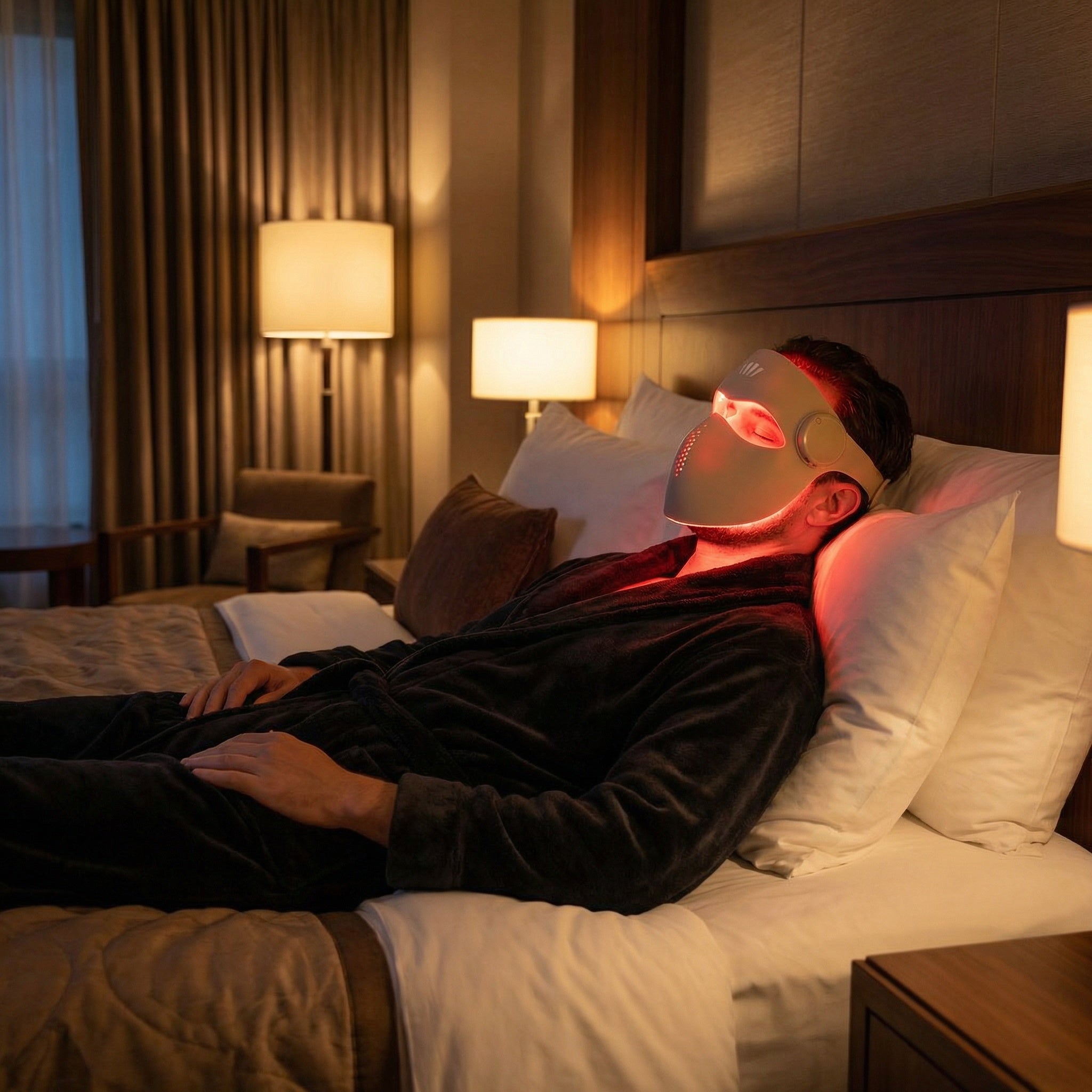 Person lying on a bed wearing a red light therapy mask in a dimly lit room.