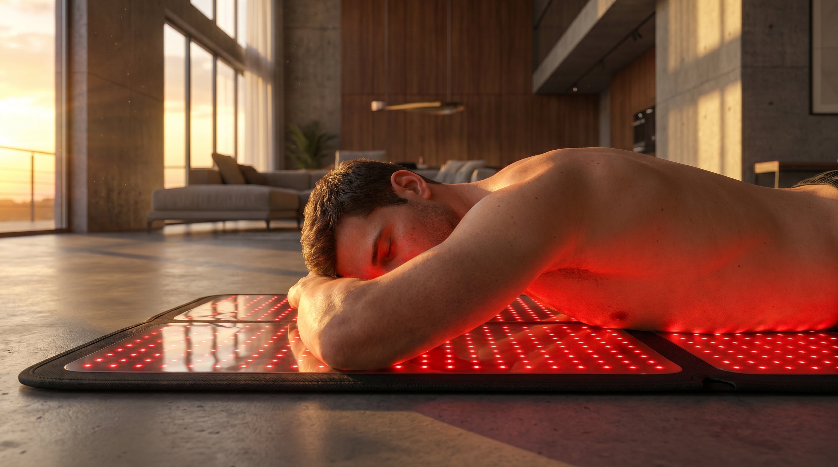 Man lying on a red light mat in a modern room with large windows in Switzerland