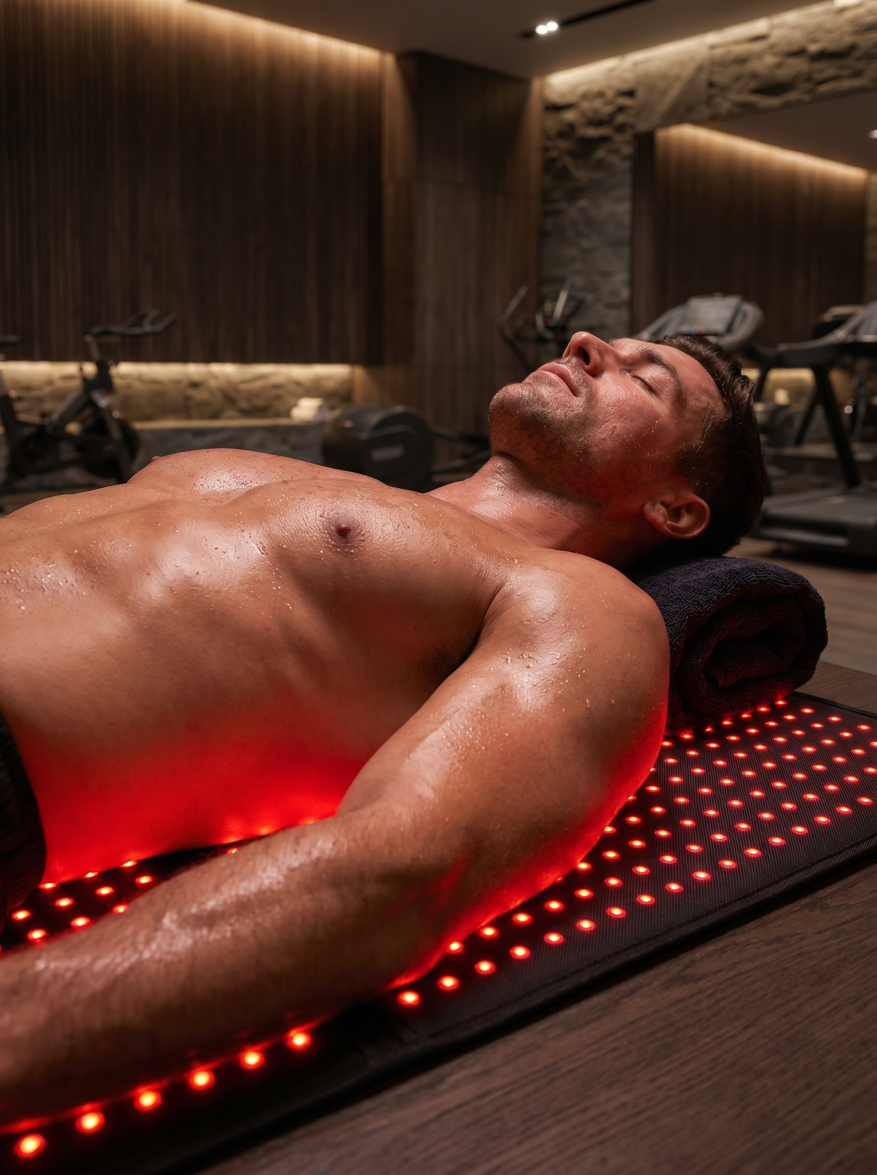 Man receiving a massage on a LED red light therapy mat in a dimly lit room in Switzerland
