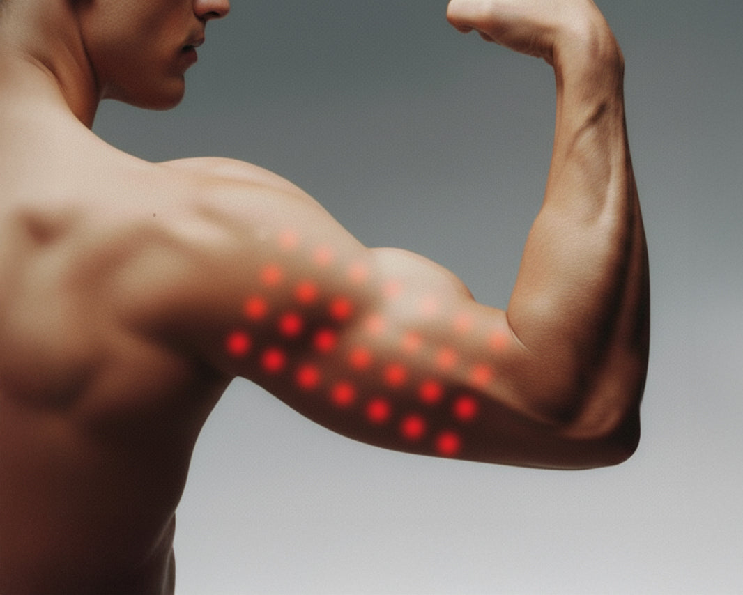Man with red glowing spots on his arm, indicating a red light therapy session.