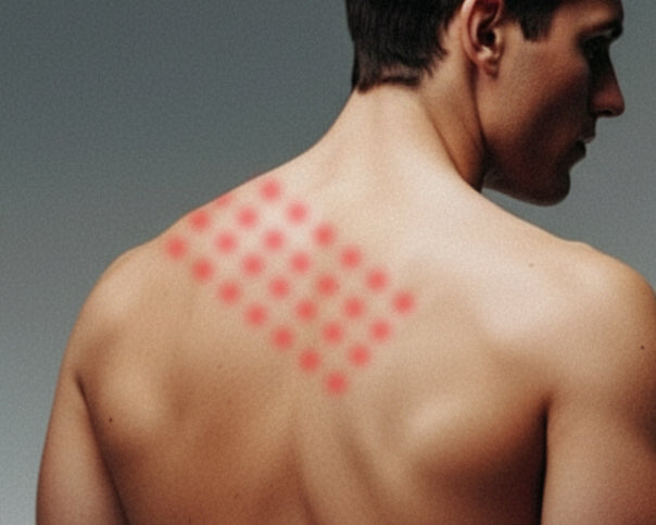 Man with red glowing spots on his shoulder, indicating a red light therapy session.