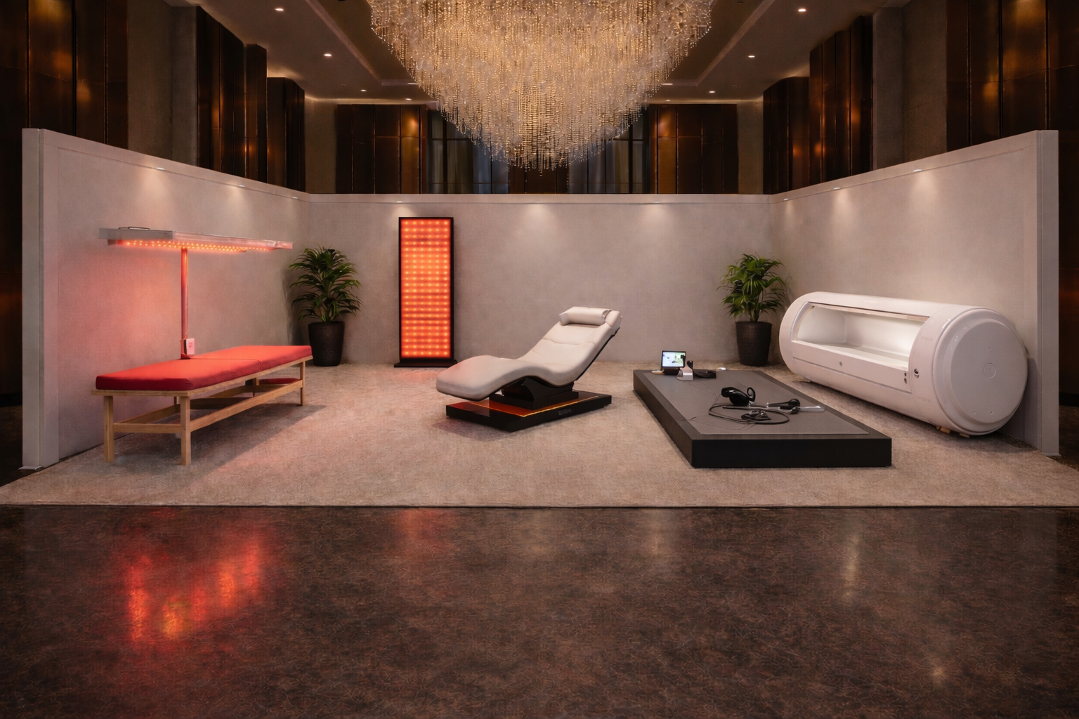 Modern interior with a chaise lounge, red light therapy, tablet, and decorative elements.