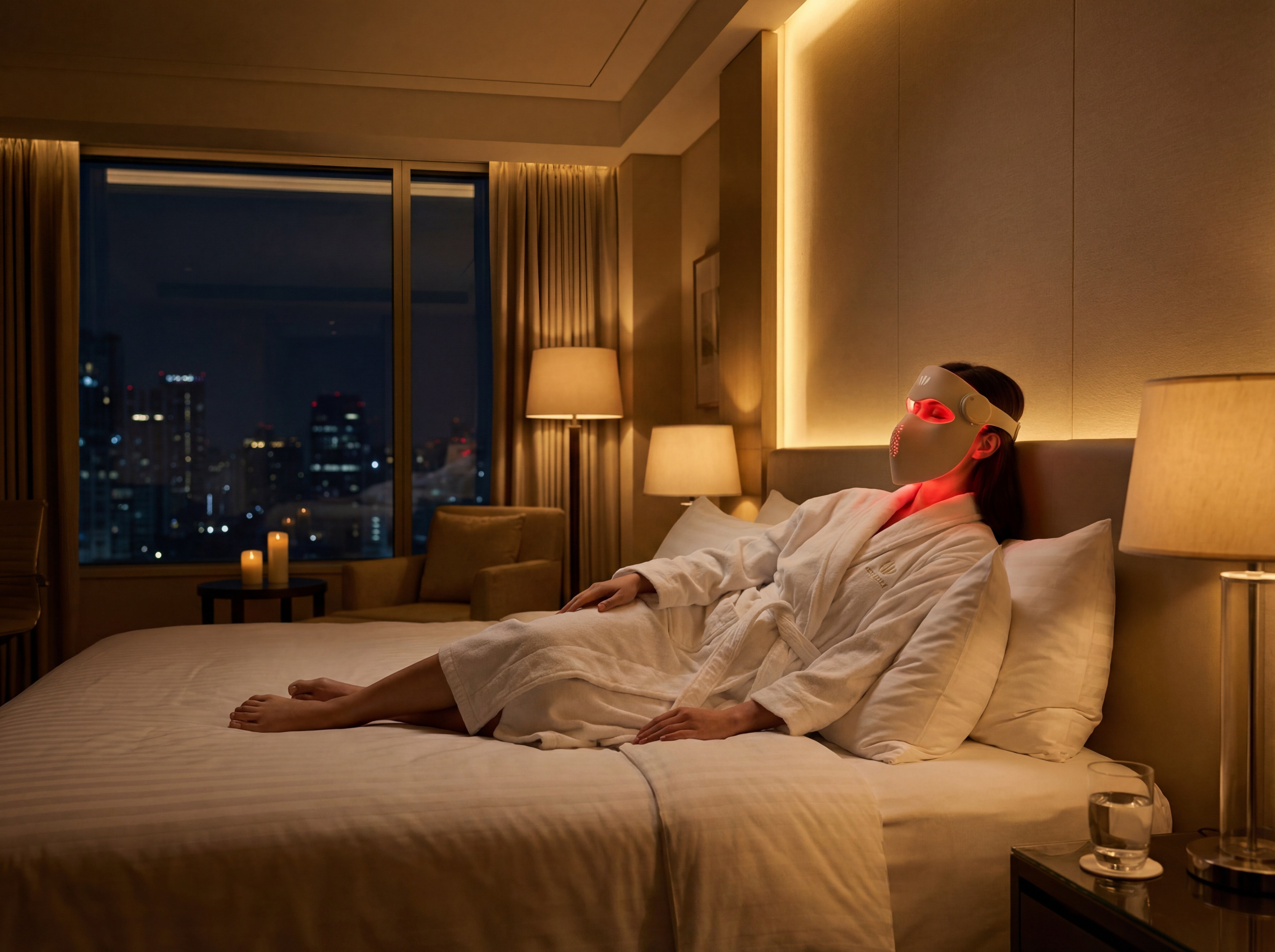 Person lying on a bed wearing a red light therapy face mask with red light, in a room with cityscape view.