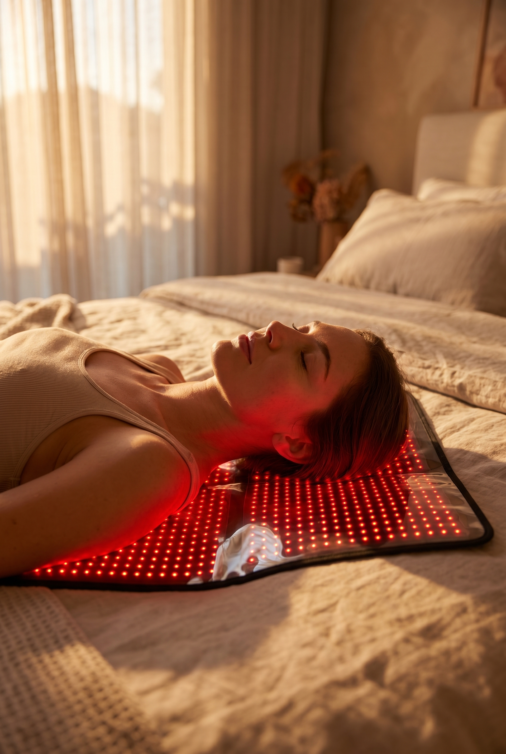Person lying on a red light therapy mat in a bedroom in Swizterland