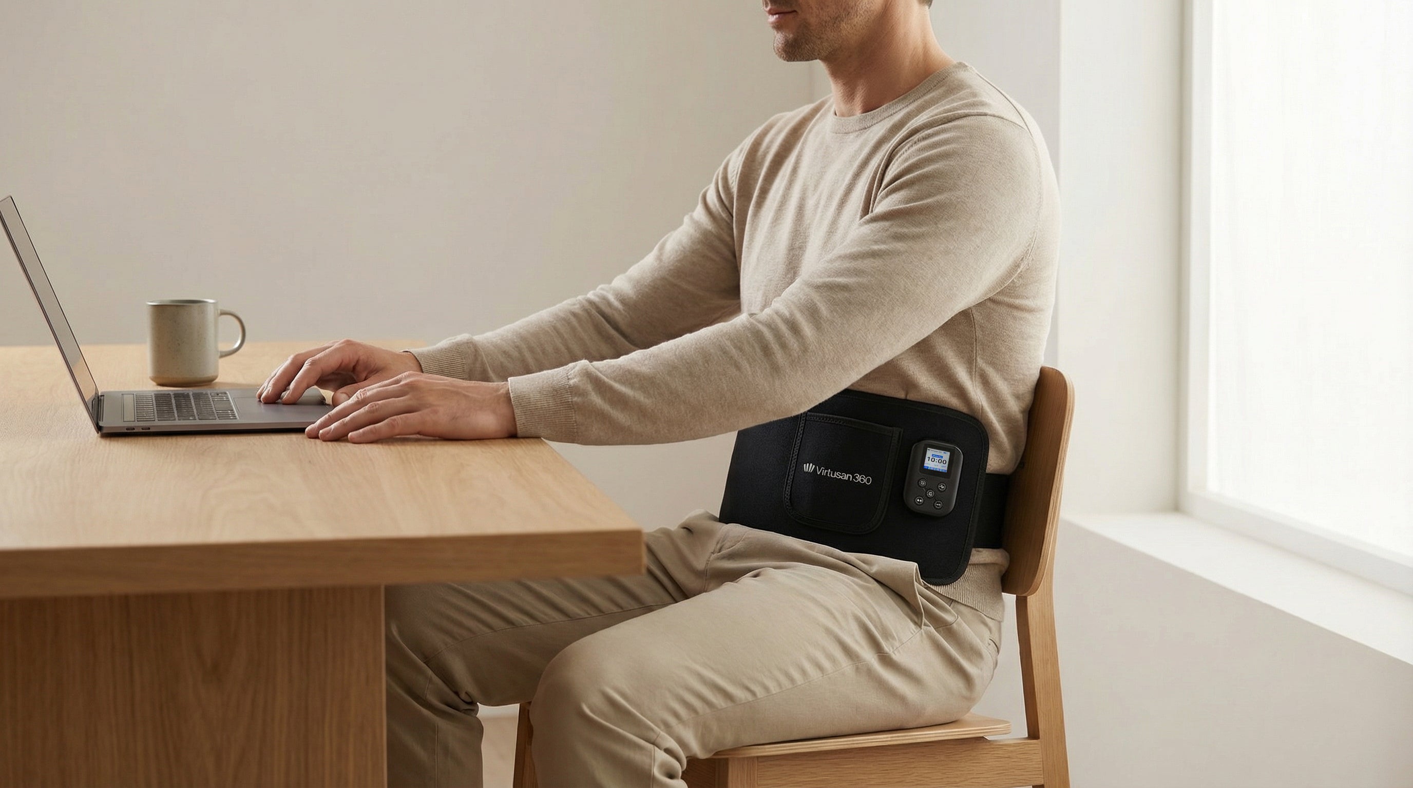 Person sitting at a desk using a laptop with a black red light therapy multipurpose device on their waist.