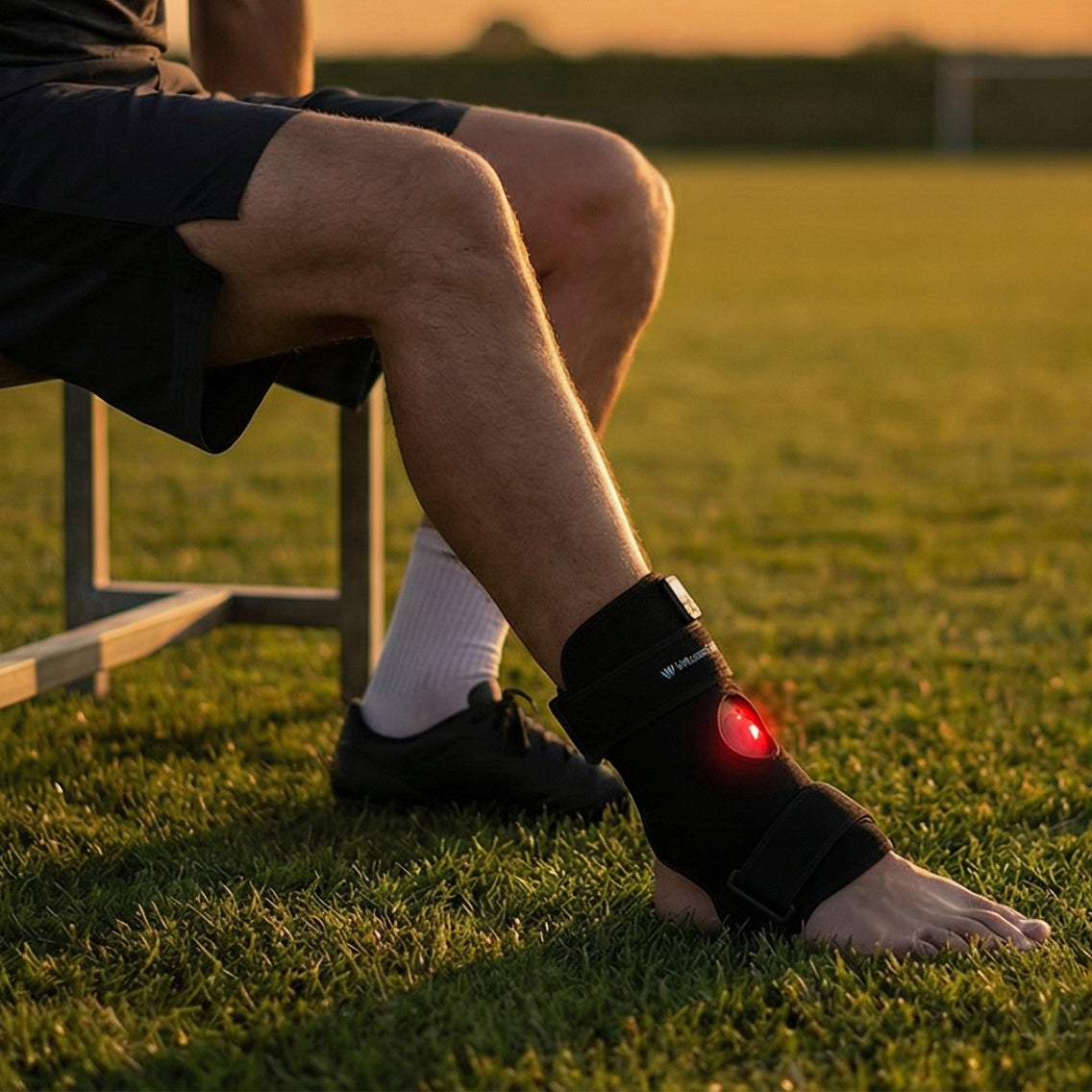 Person sitting on a bench with a glowing ankle red light therapy joint strap brace on a grassy field at sunset.