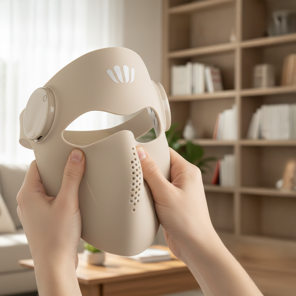 Person holding a beige silicone red light therapy face mask showing is bending in a home setting with a bookshelf in the background