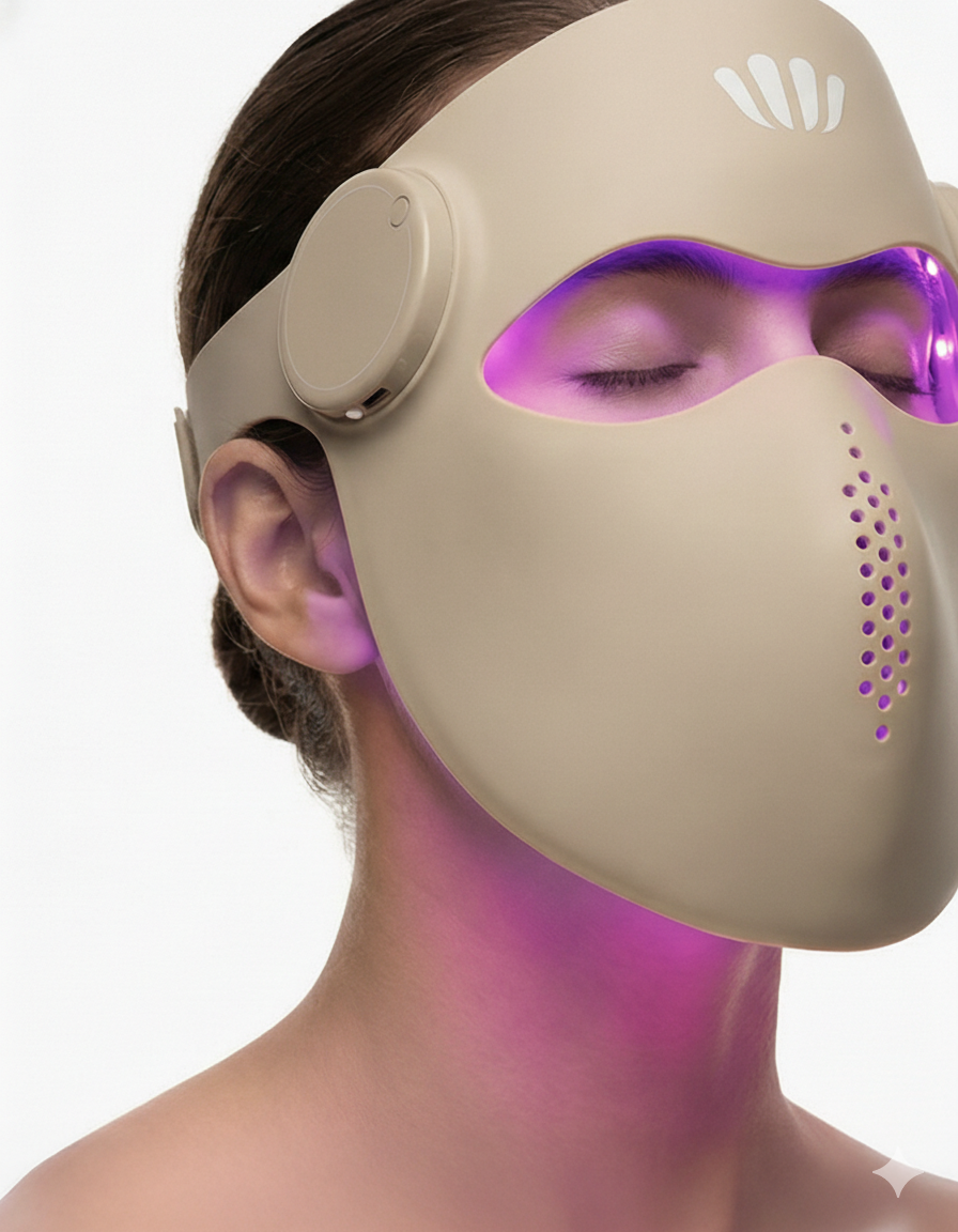 Woman wearing a Beige near infrared mask with purple light on a white background