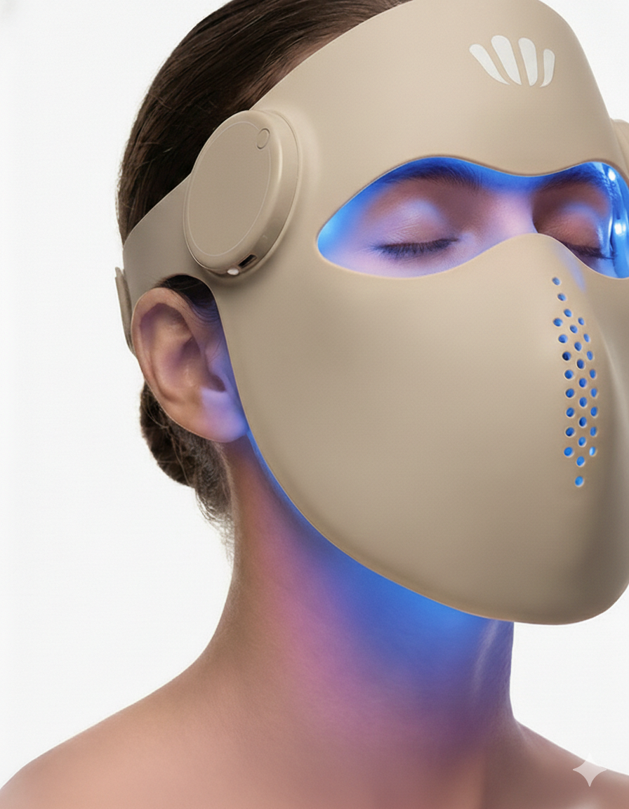 Beige facial mask with blue light therapy on a white background