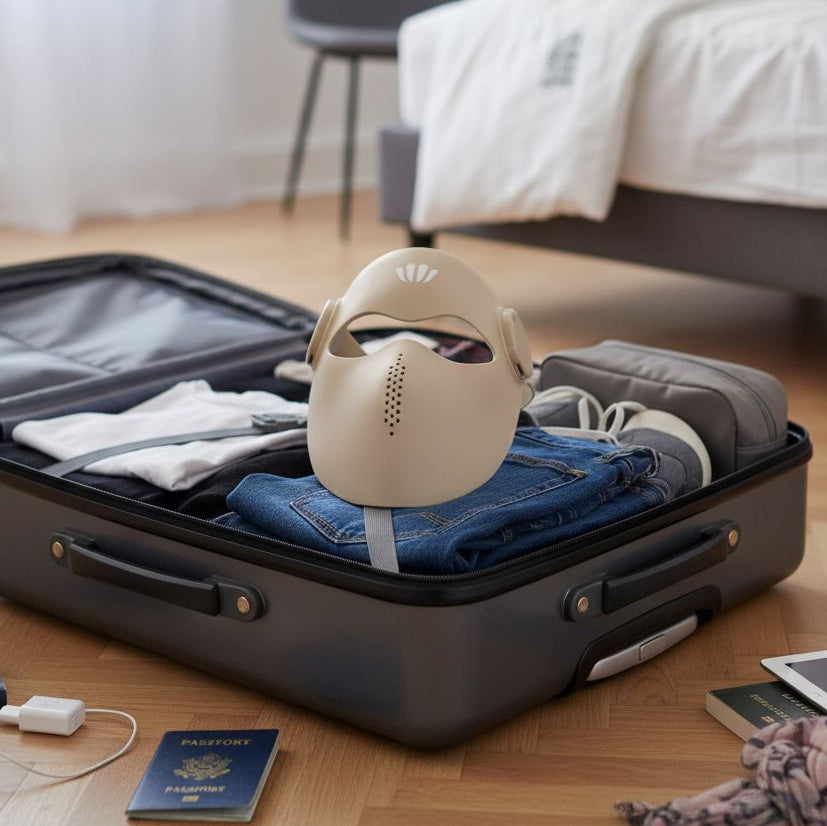 Open suitcase with clothes and a red light therapy face mask on a wooden floor, with a bed and chair in the background.