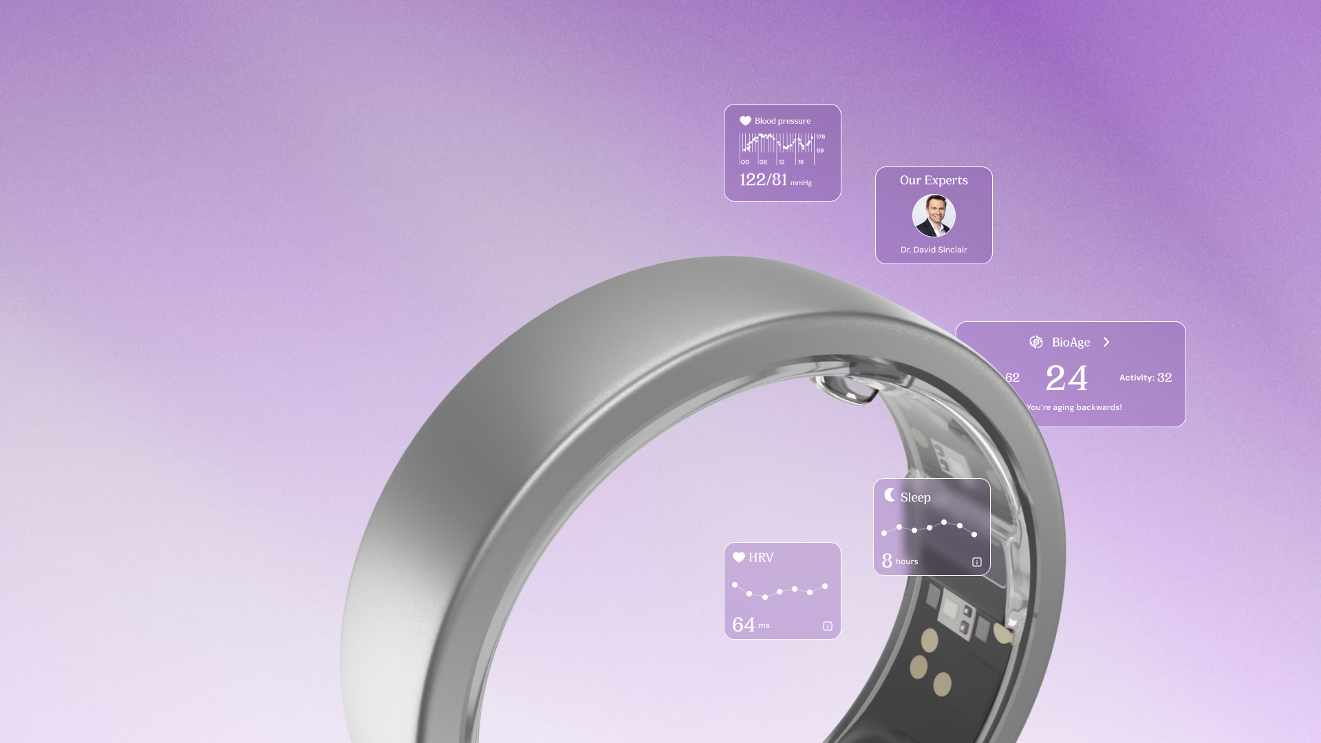 Smart ring with digital display on a purple gradient background