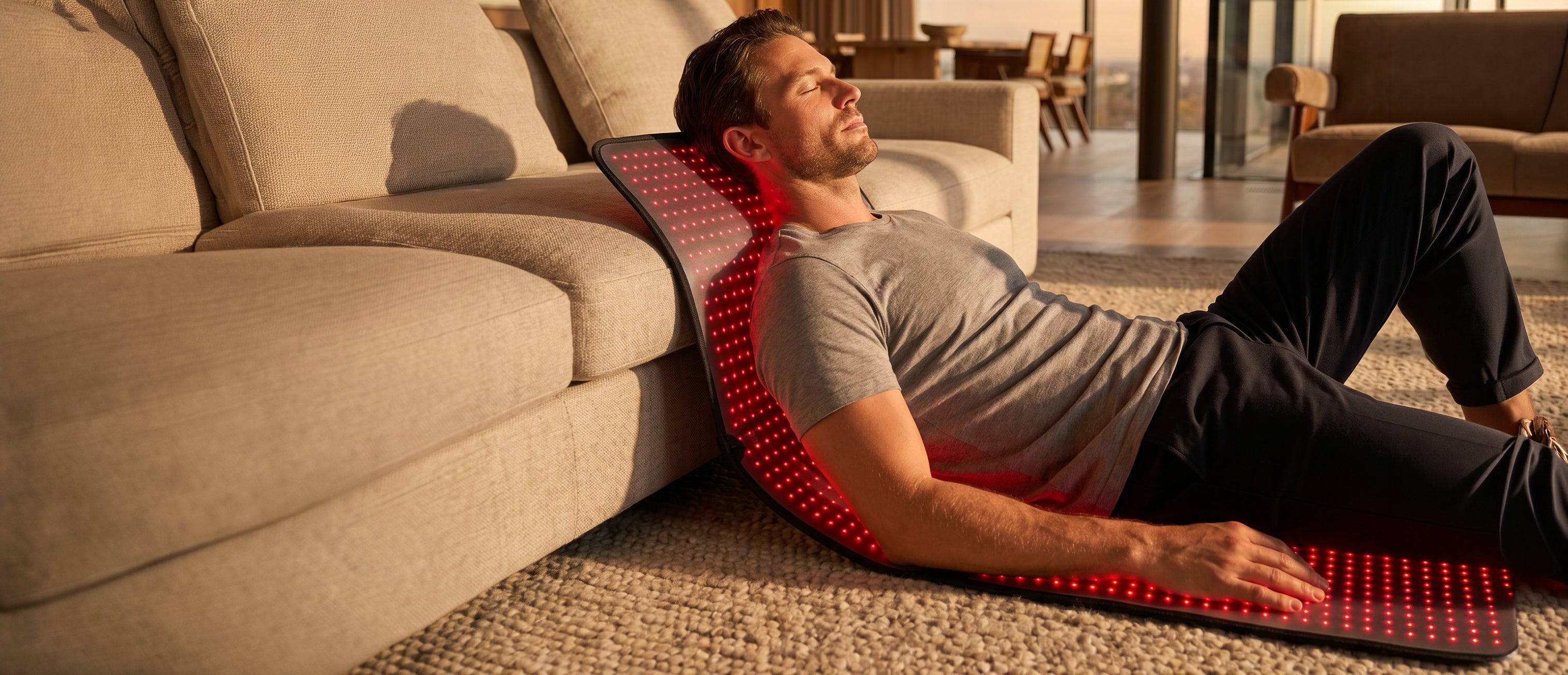 Man lying on a red light therapy pad in a living room in Switzerland