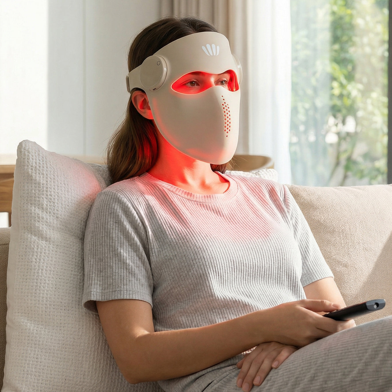 Person wearing a red light therapy mask on a couch