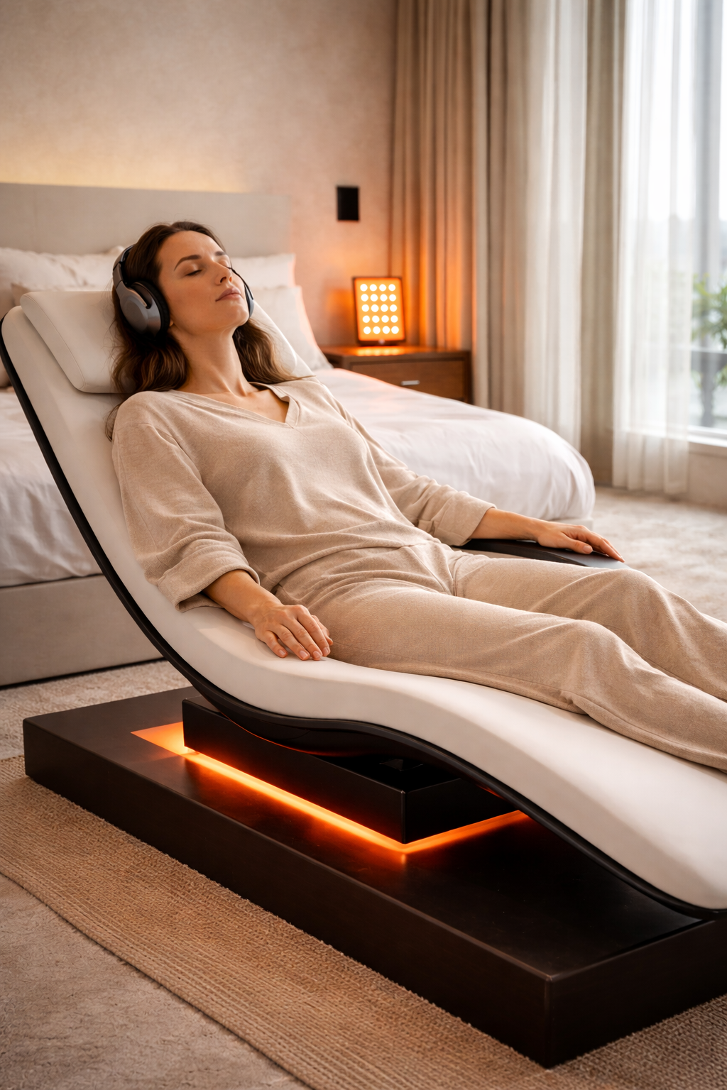 Woman relaxing on a modern vibroacoustic chair in a cozy hotel room.