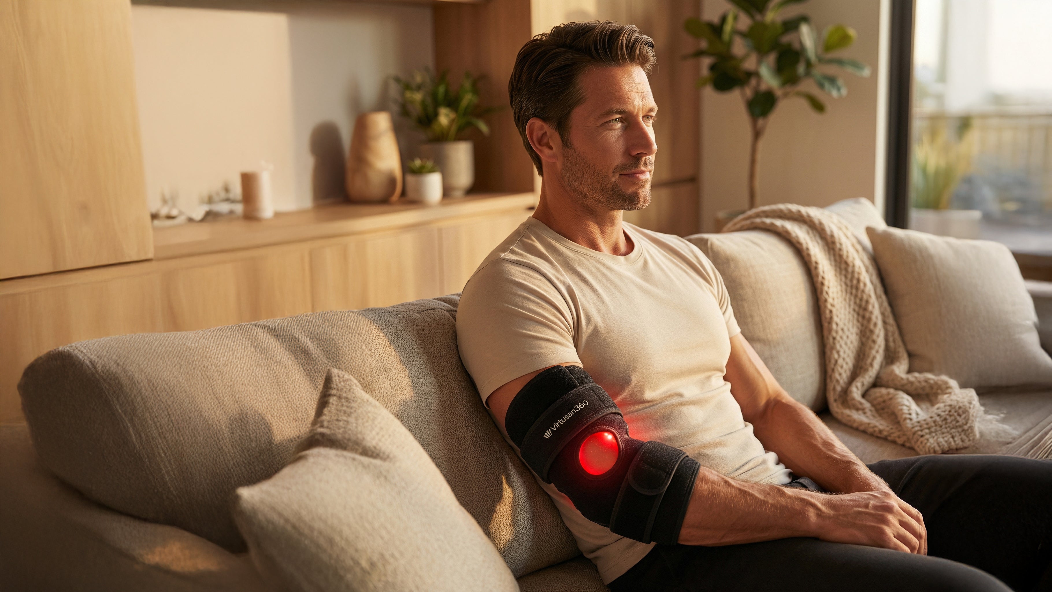 Man sitting on a couch using a red light therapy joint strap on his arm in a home setting.