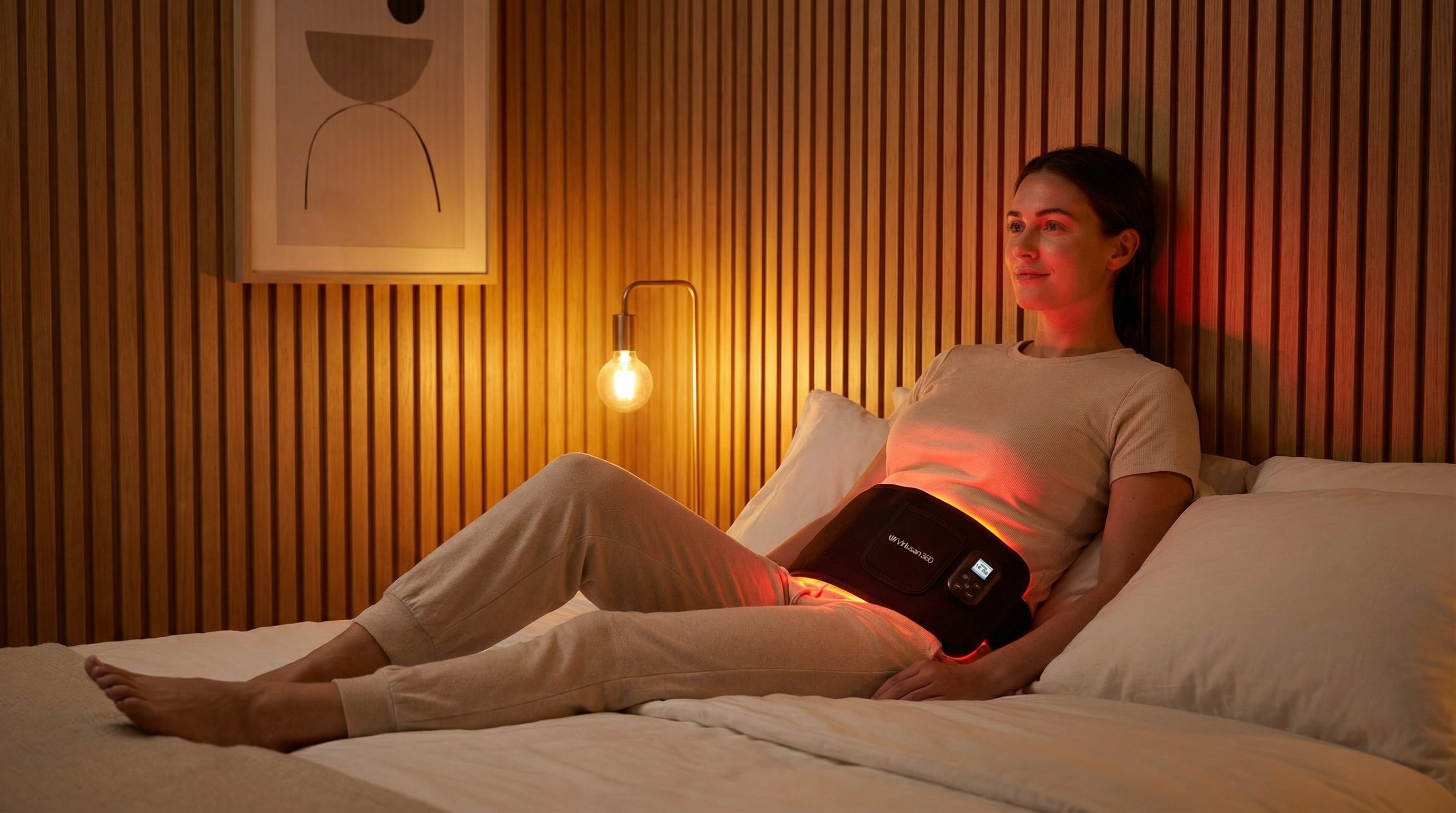 Woman lying on a bed using a red light therapy multipurpose belt pad in a warm-lit room.