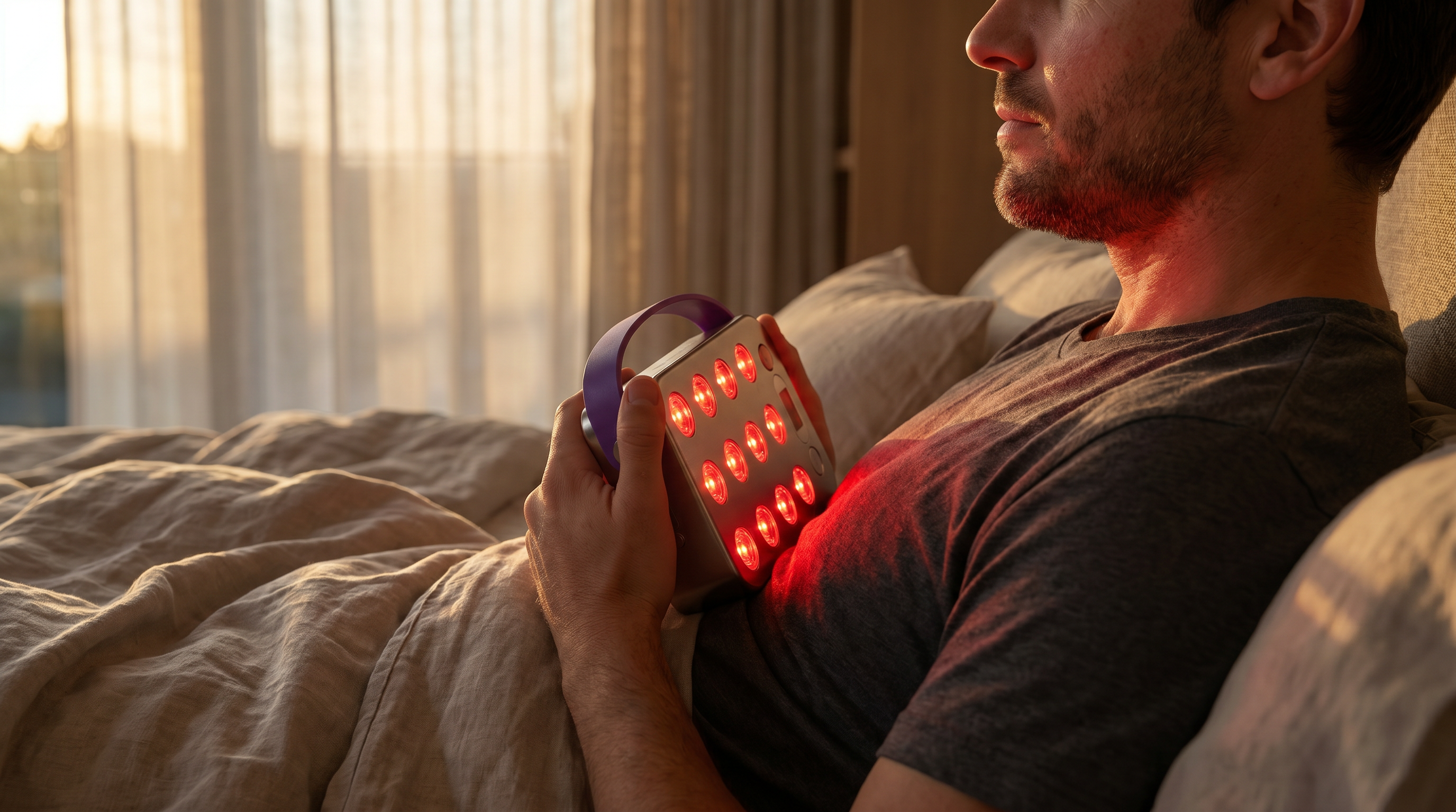 Man holding a red light therapy portable lamp device in bed with a blurred background in Switzerland