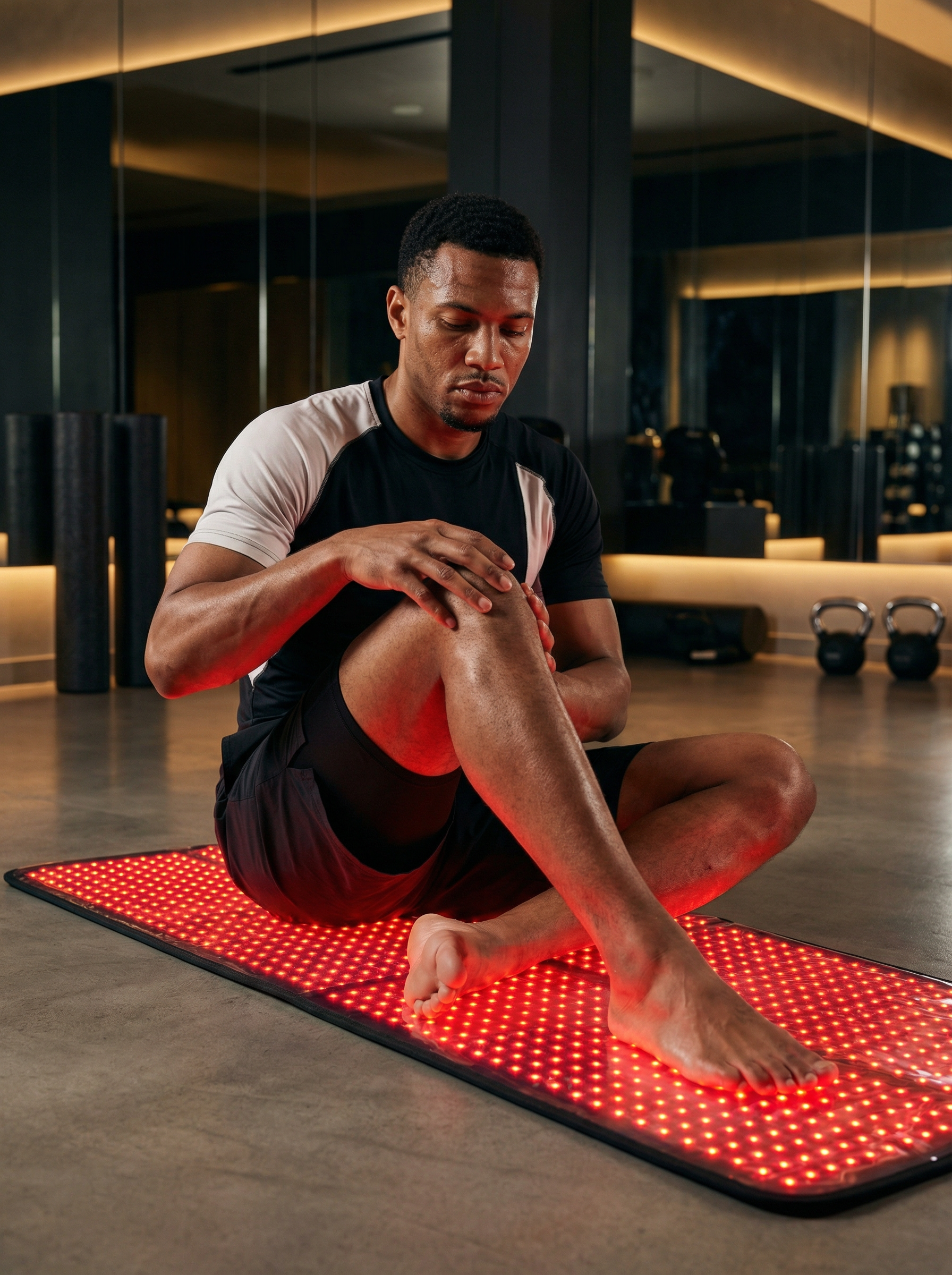 Man sitting on a red light therapy LED mat in a gym setting