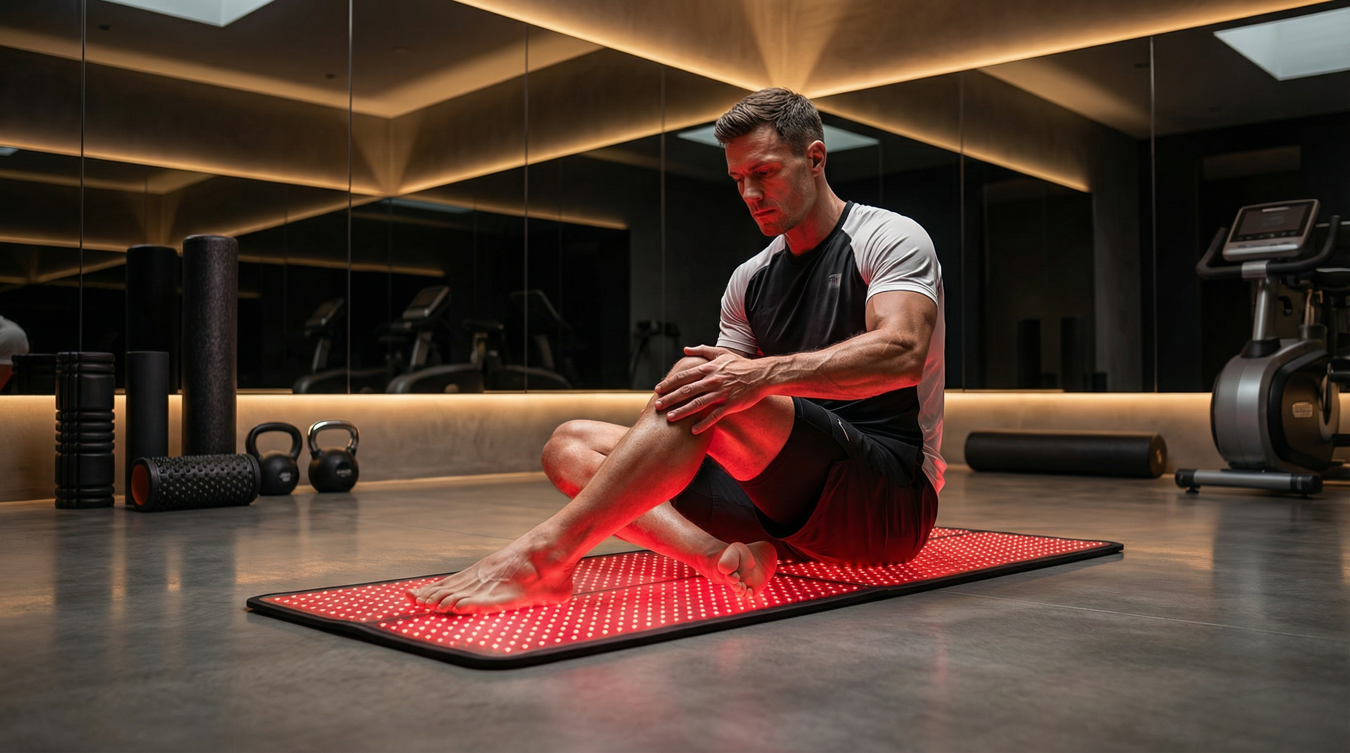 Man stretching on a red mat in a gym with mirrors and equipment laying on a red light therapy mat in a gym in Switzerland