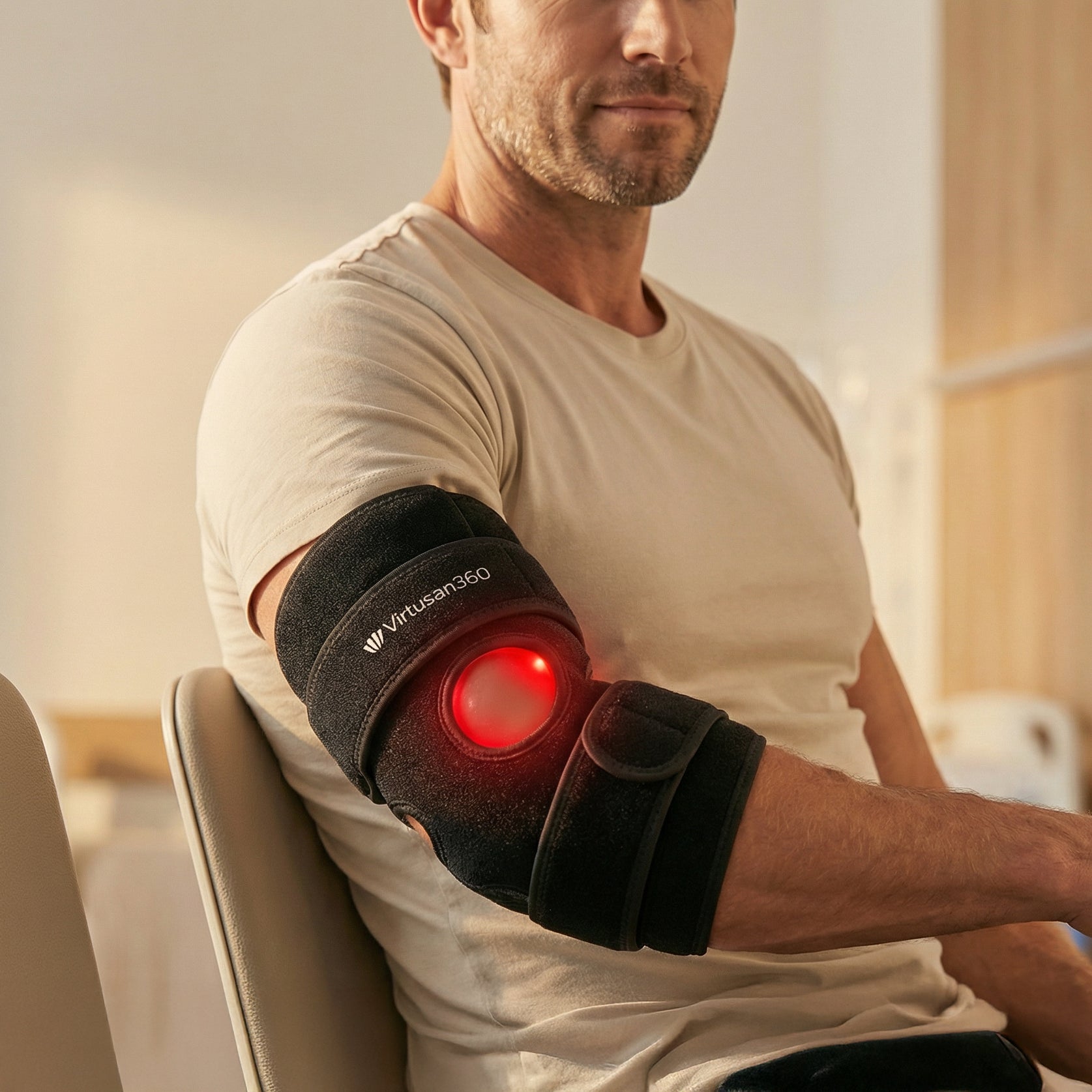 Man using a Virtusan Red Light Therapy joint strap on his elbow device with red light on his arm.