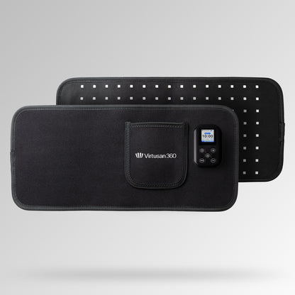 Black red light therapy multipurpose belt pad with digital display on a gray background