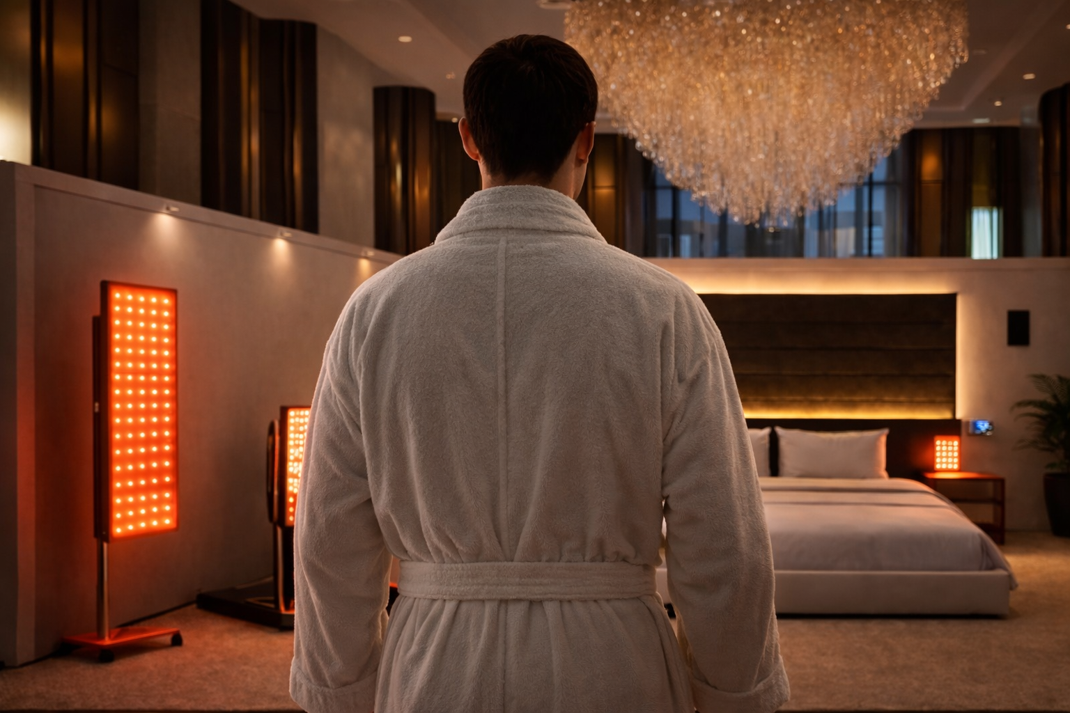 Person in a robe standing in a luxurious bedroom with a chandelier and red light therapy nightstands.