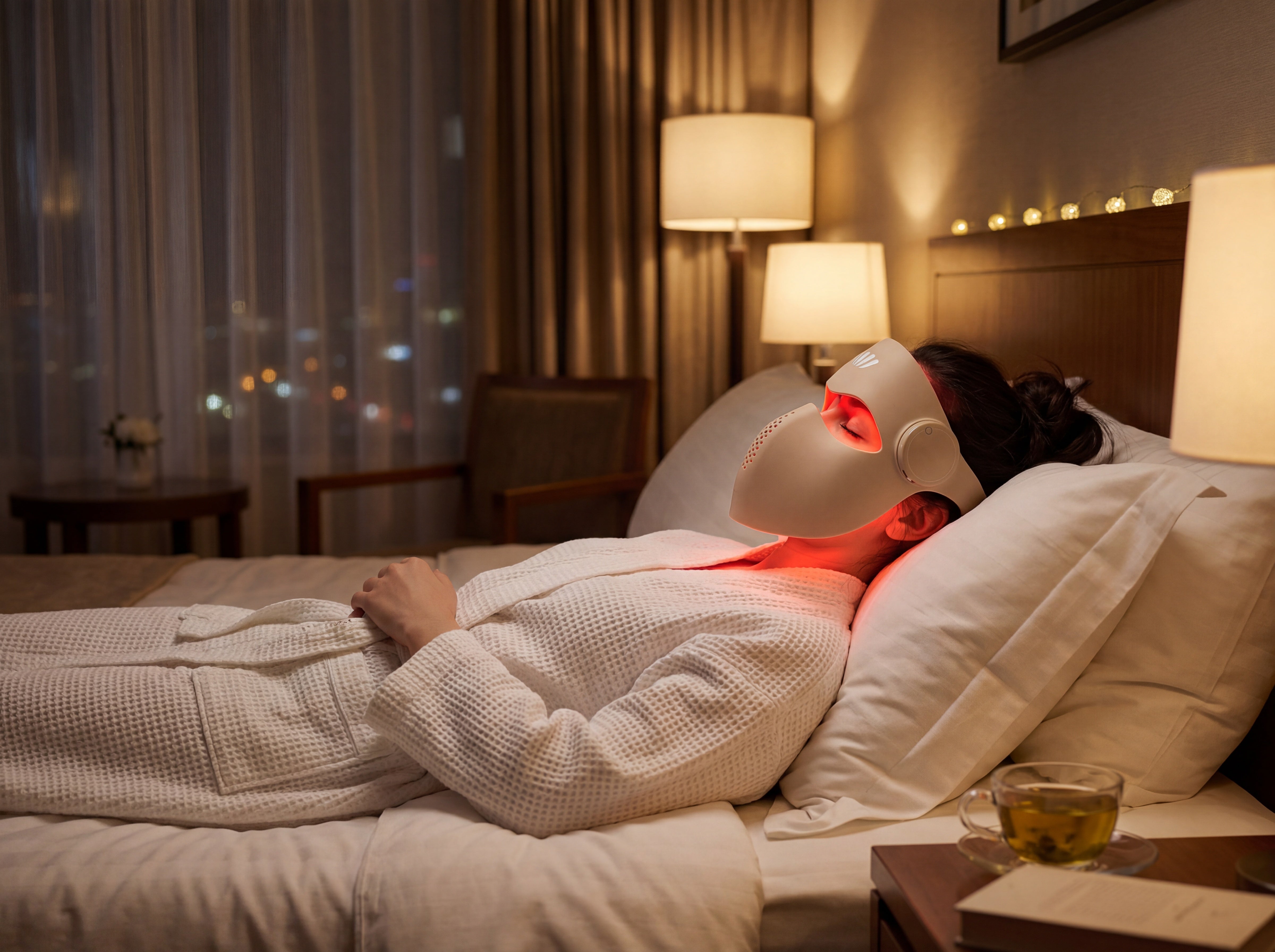 Person lying on a bed wearing a red light therapy mask in a dimly lit room.