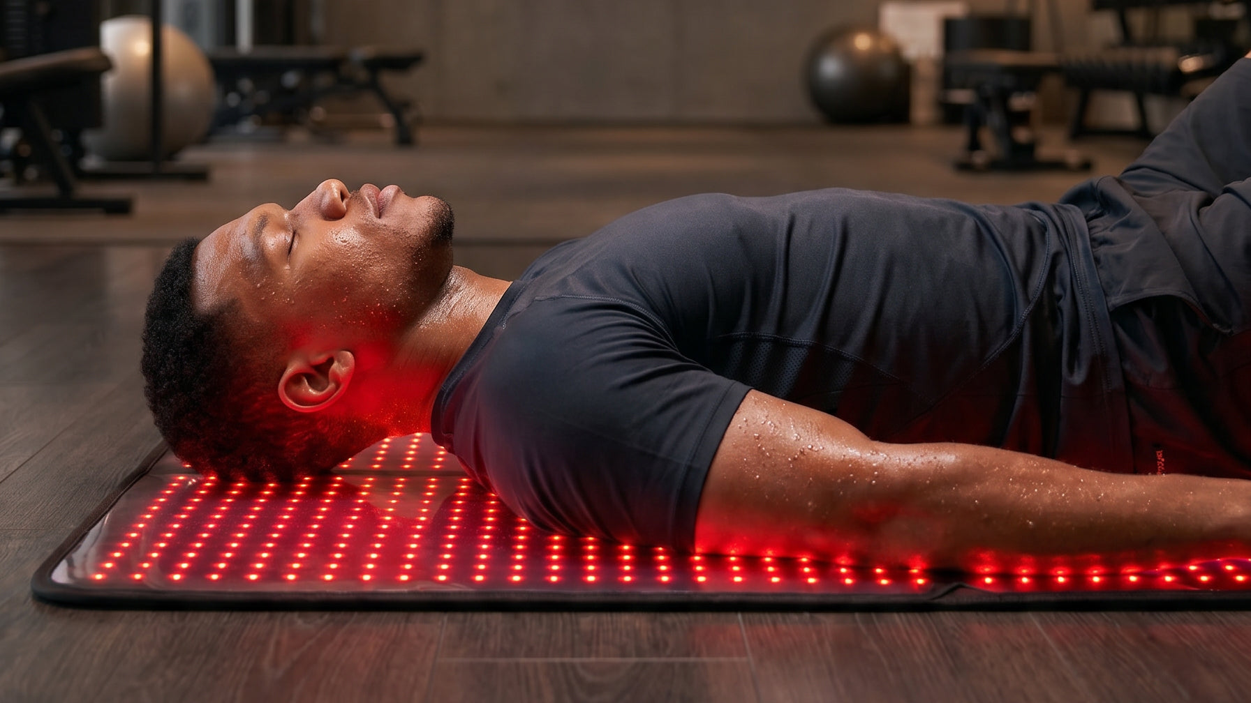 Person lying on a red light mat in a gym setting