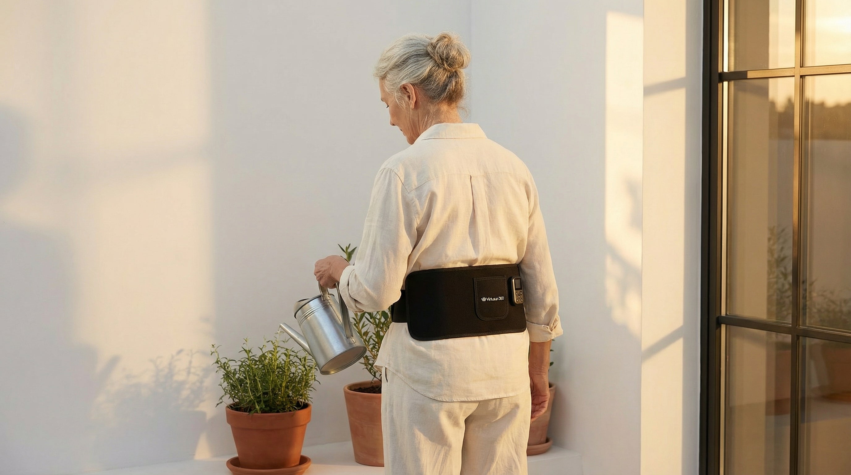 Person watering plants on a balcony with a red light therapy multipurpose belt and white wall and glass door in the background