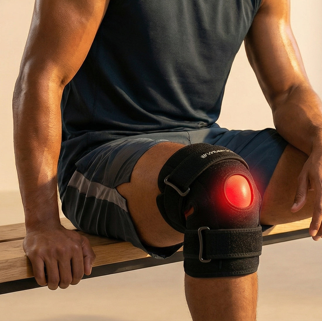 Person wearing a knee red light therapy joint strap with a red light on a beige background