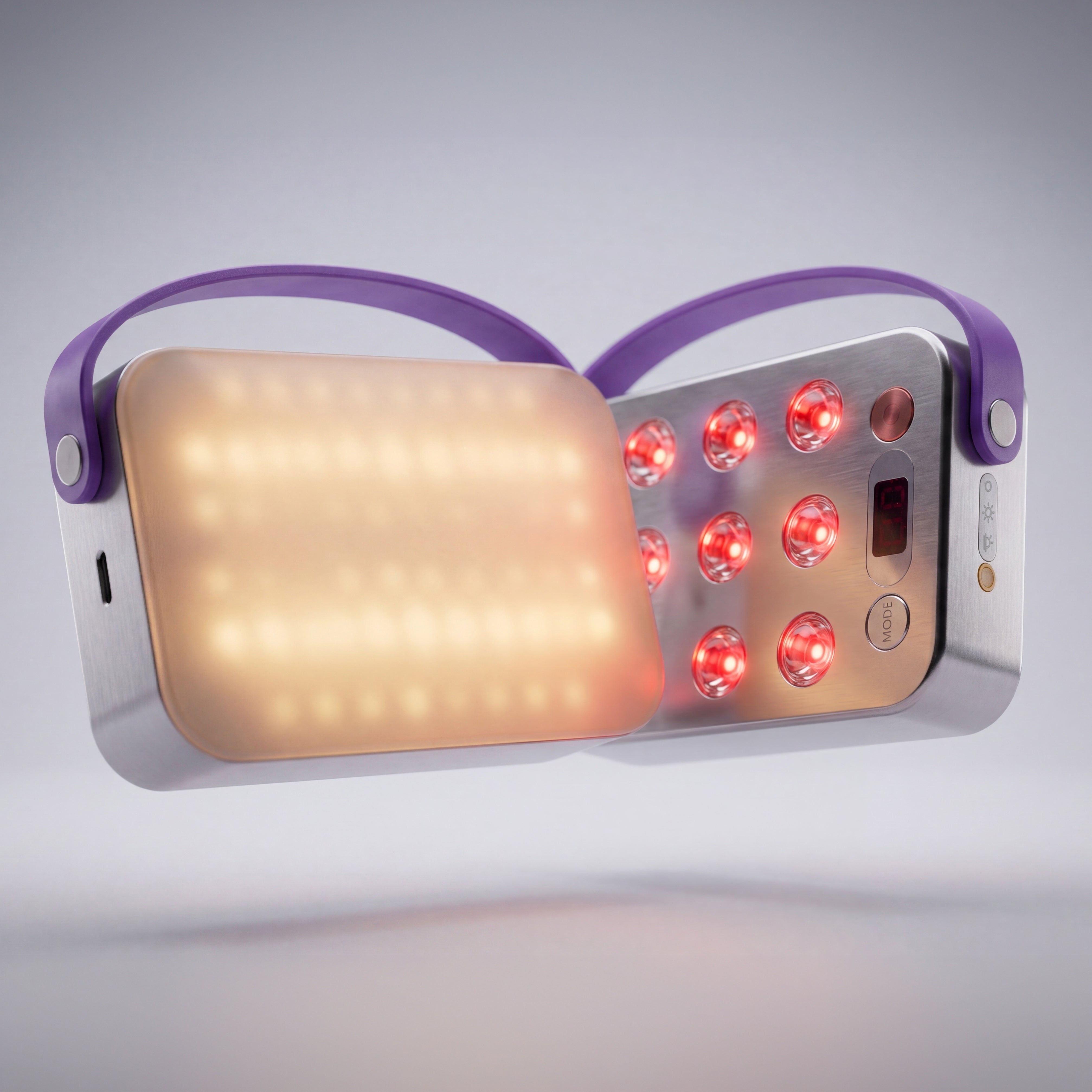 Portable Red light therapy device with a glowing mood light panel and red lights on a gray background