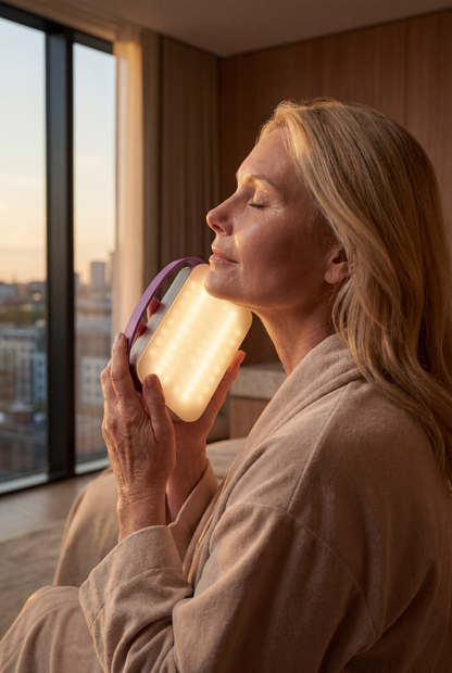 Woman in a robe holding a mood light portable lamo by a window with a cityscape view in Switzerland