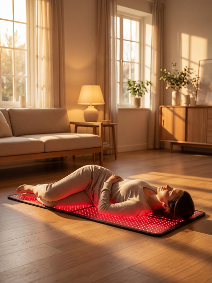 Woman lying on a red light therapy mat in a sunlit living room.