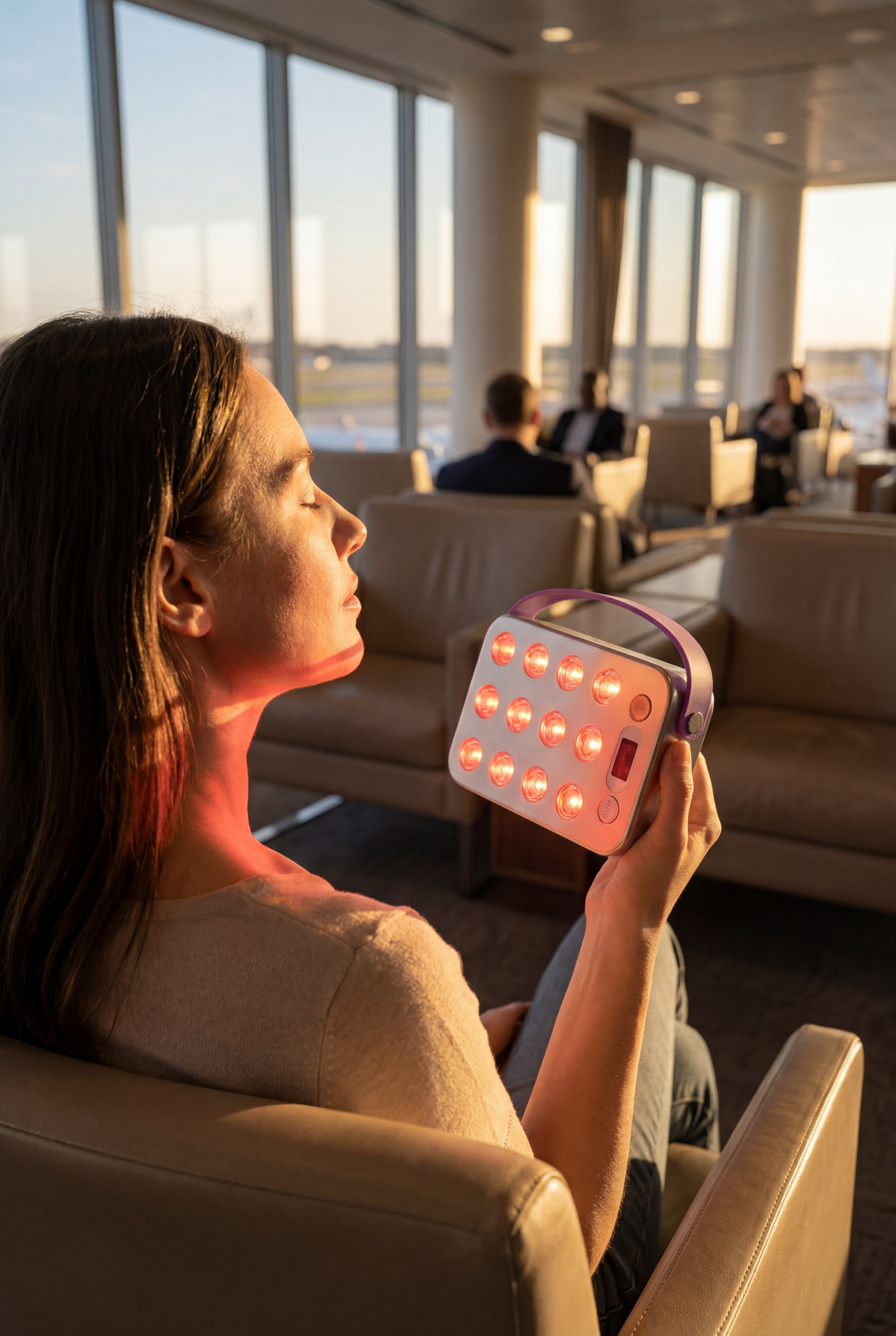 Woman using a handheld red  light therapy device in a modern indoor setting airport in Switzerland