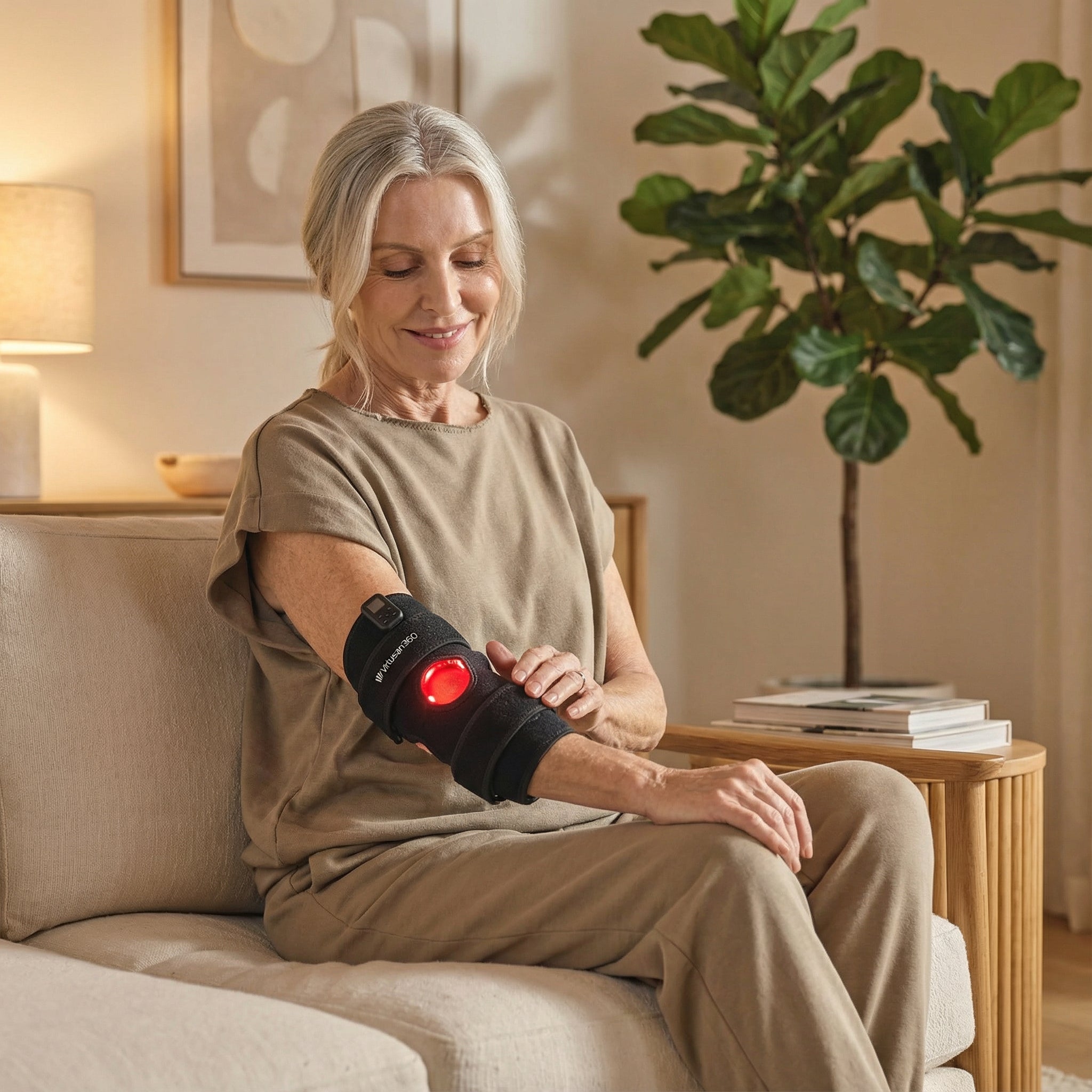 Woman using a red light therapy device on her elbow in a living room.