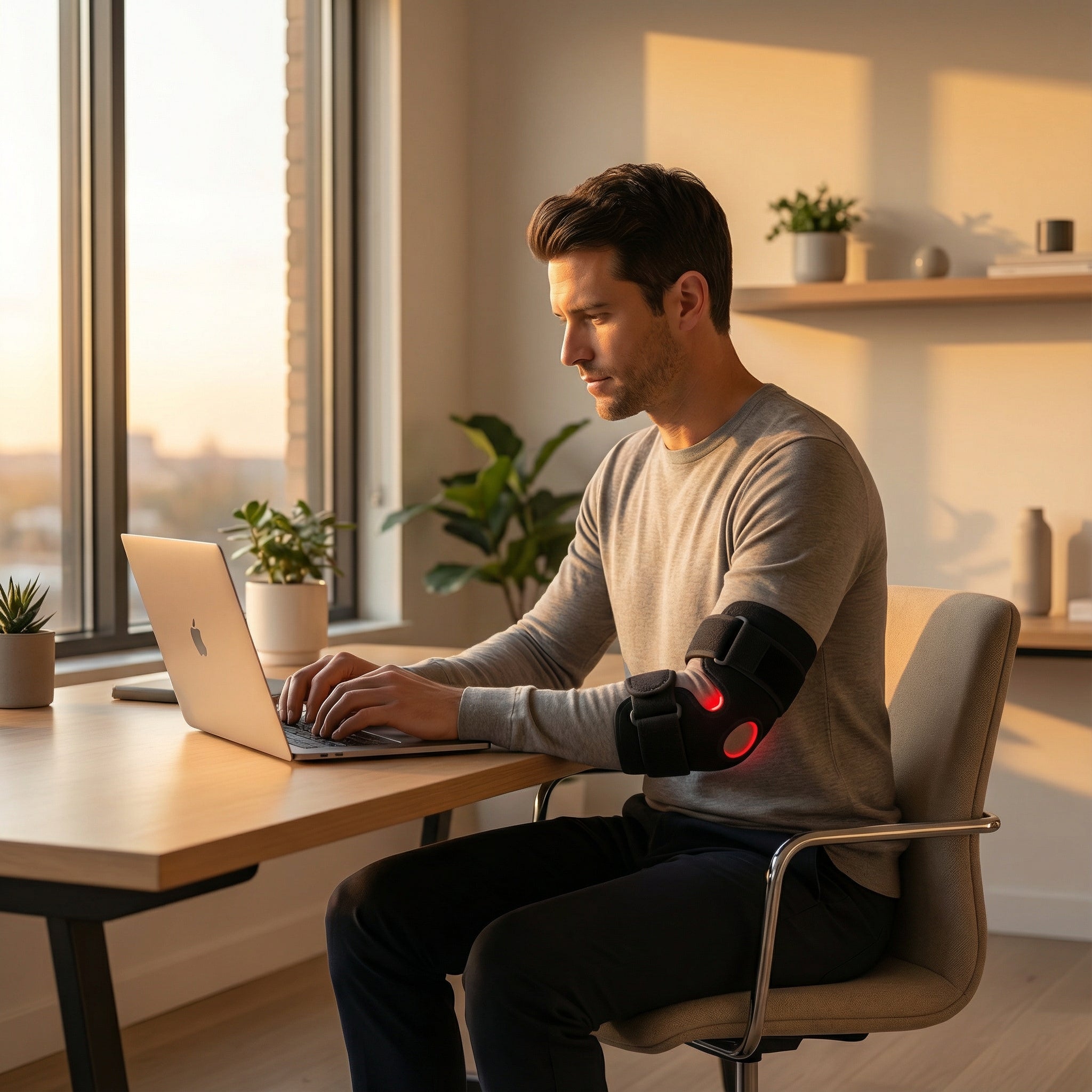 Man using a laptop with an red light therapy joint strap brace in a bright room with large windows in switzerland