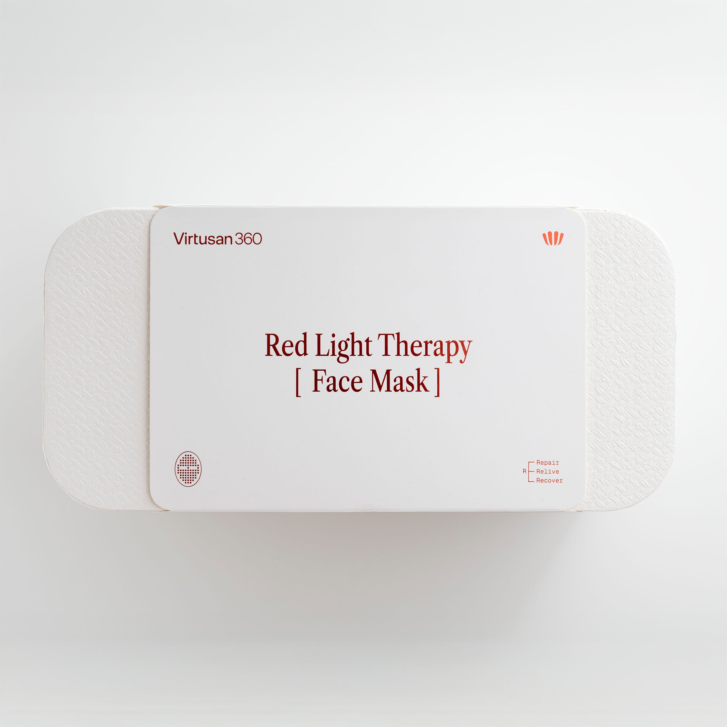 Red Light Therapy Face Mask packaging with 'Virtusan360' branding on a white background